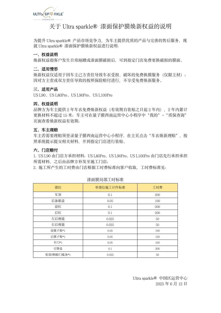 漆面保护膜焕新权益说明
